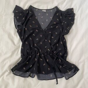 Melrose and Market Tie Waist Ruffle Sleeve Top In Black Dahlia Print